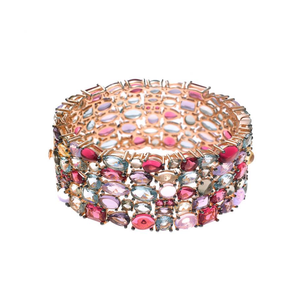 PULSEIRA SALVATORE EM PRATA 925% ROSE GOLD C/ CRISTAIS ROSA, LAVANDA, BRANCOS E VERDE ÁGUA