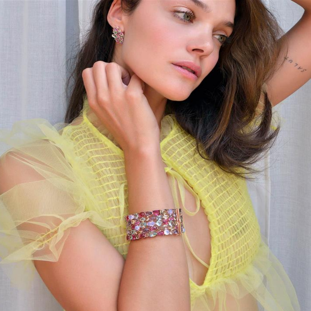 PULSEIRA SALVATORE EM PRATA 925% ROSE GOLD C/ CRISTAIS ROSA, LAVANDA, BRANCOS E VERDE ÁGUA