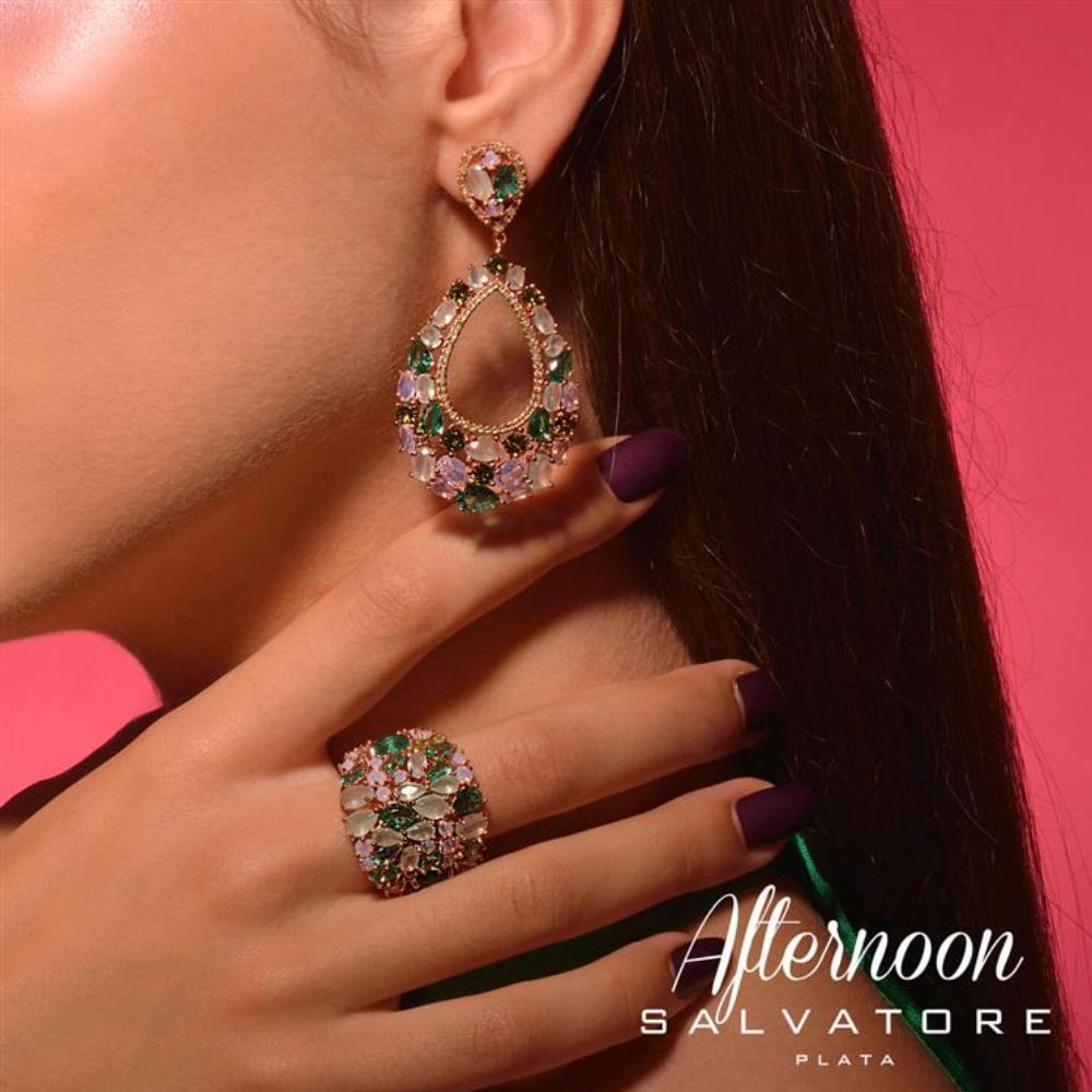 BRINCOS SALVATORE EM PRATA 925% ROSE GOLD COM ZIRCÓNIAS ROSA E VERDE