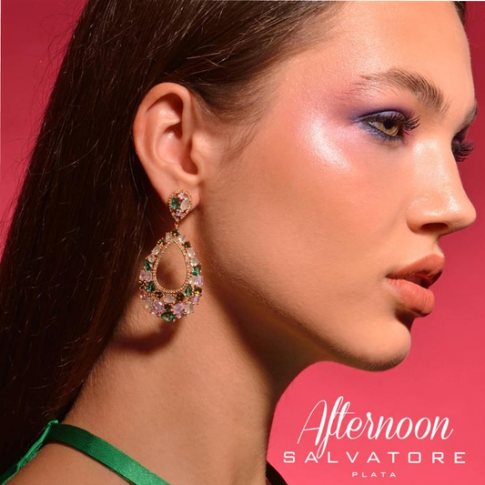 BRINCOS SALVATORE EM PRATA 925% ROSE GOLD COM ZIRCÓNIAS ROSA E VERDE