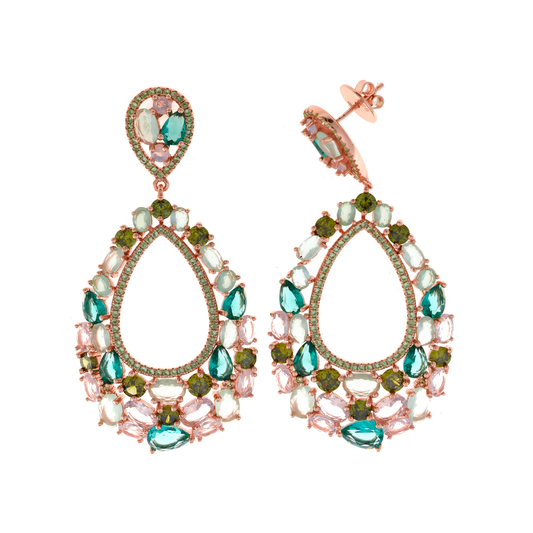 BRINCOS SALVATORE EM PRATA 925% ROSE GOLD COM ZIRCÓNIAS ROSA E VERDE