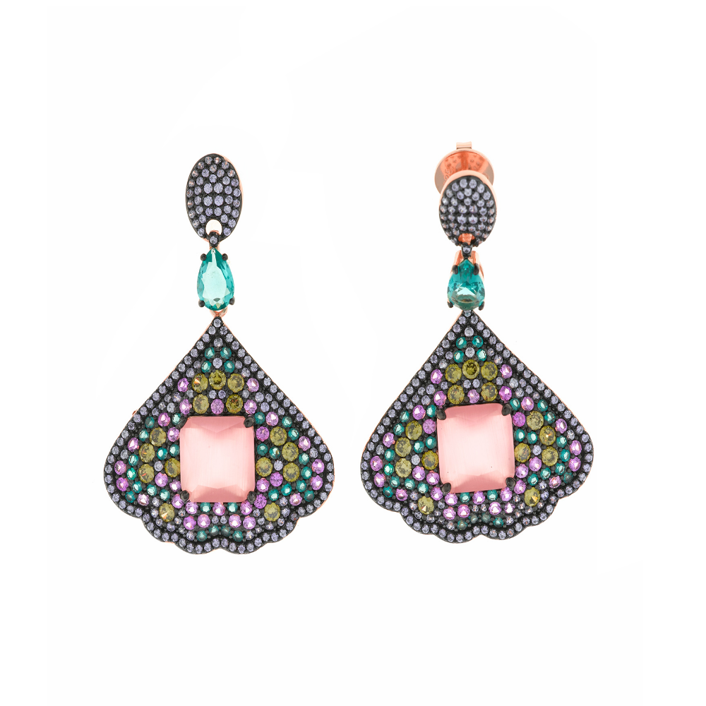 BRINCOS SALVATORE EM PRATA 925% COM CRISTAIS ROSA E VERDE