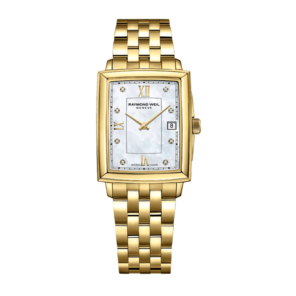 RELÓGIO RAYMOND WEIL TOCCATA DOURADO C/ MOSTRADOR MADREPÉROLA E DIAMANTES