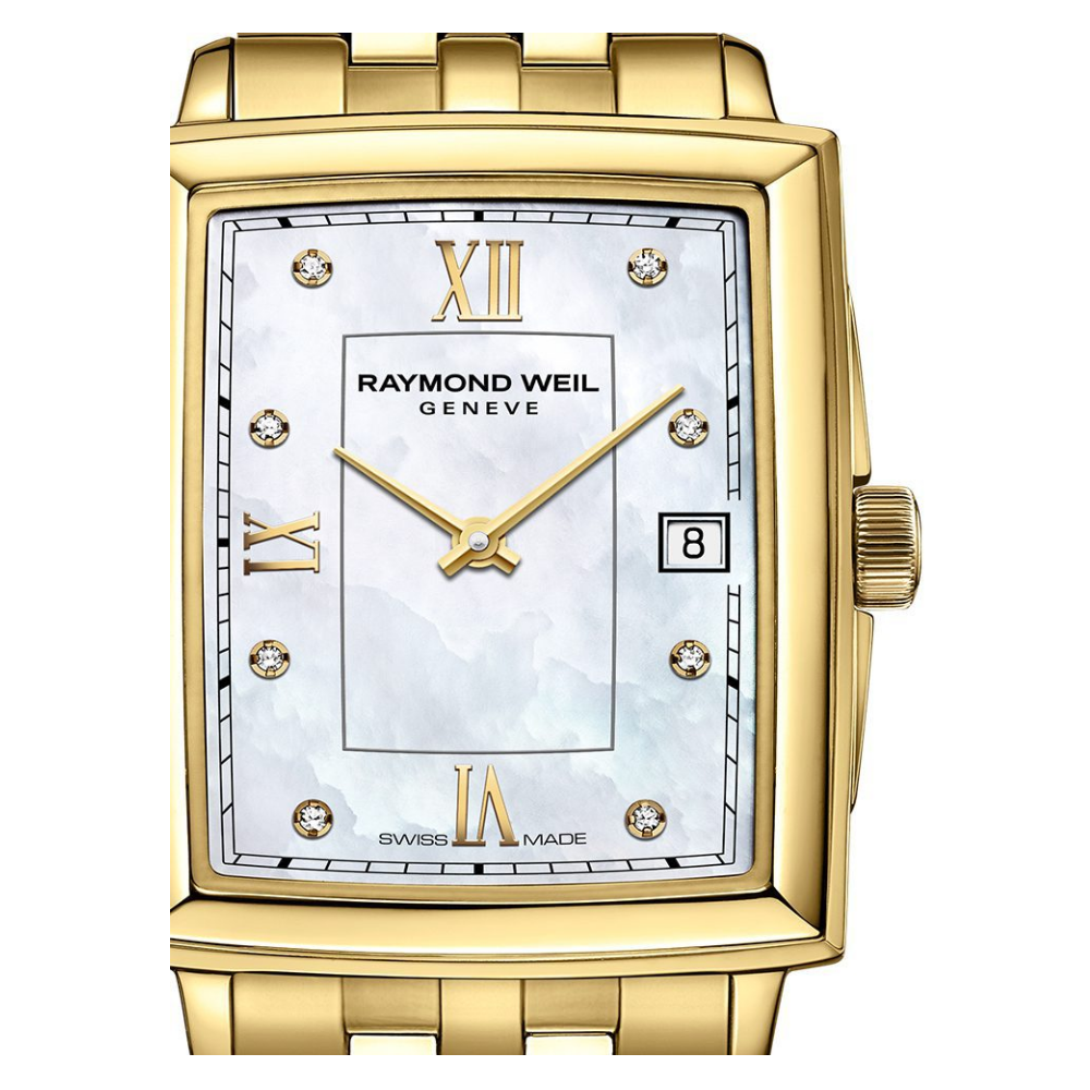 RELÓGIO RAYMOND WEIL TOCCATA DOURADO C/ MOSTRADOR MADREPÉROLA E DIAMANTES