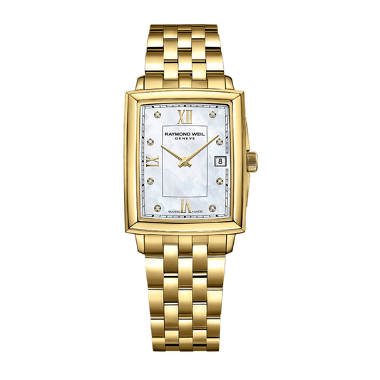 RELÓGIO RAYMOND WEIL TOCCATA DOURADO C/ MOSTRADOR MADREPÉROLA E DIAMANTES
