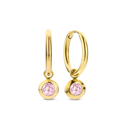 PAR DE BRINCOS CO88 EM AÇO DOURADO C/ ZIRCÓNIAS ROSA