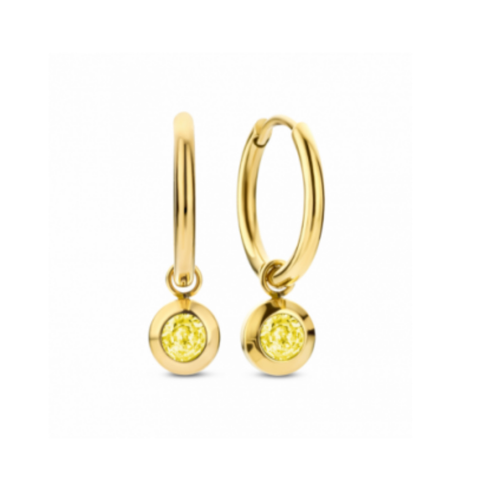 PAR DE BRINCOS CO88 EM AÇO DOURADO C/ ZIRCÓNIAS TOPAZIO AMARELO