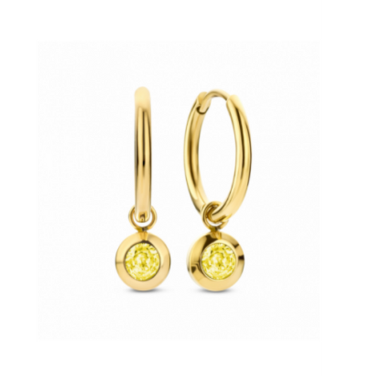 PAR DE BRINCOS CO88 EM AÇO DOURADO C/ ZIRCÓNIAS TOPAZIO AMARELO