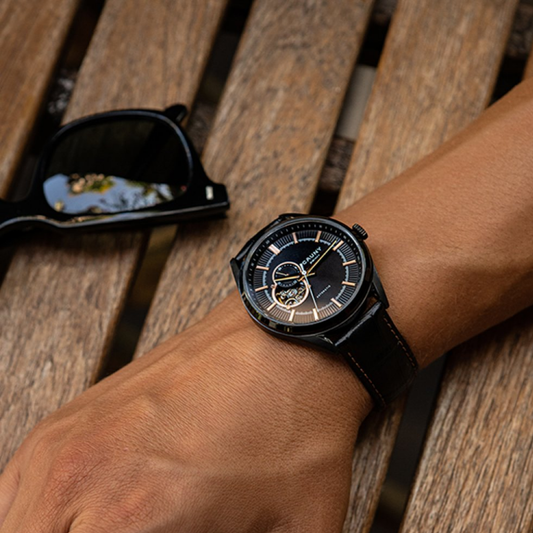 RELOGIO CAUNY PRIMA OPEN HEART 43MM AUTOMATICO BRACELETE EM PELE