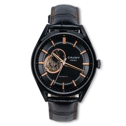 RELOGIO CAUNY PRIMA OPEN HEART 43MM AUTOMATICO BRACELETE EM PELE