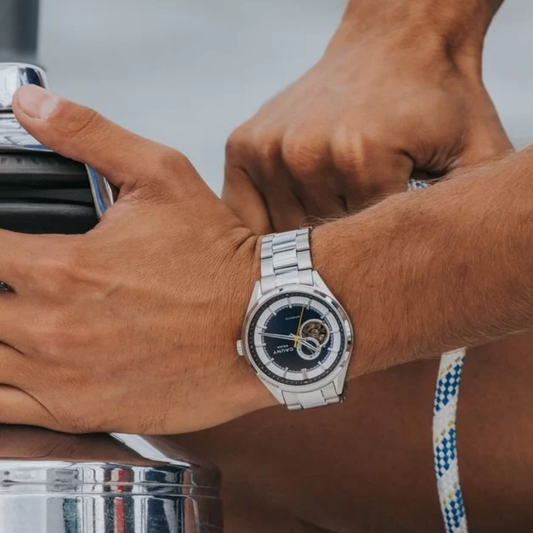 RELOGIO CAUNY PRIMA OPEN HEART AUTOMATICO 43mm MUST. AZUL E PRETO