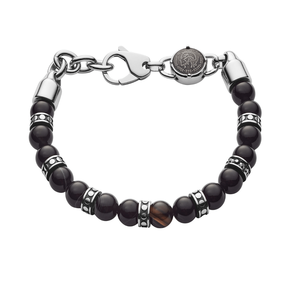 Pulseira Homem Diesel em Aço+ Bolas Pretas Naturais Semi-Preciosas