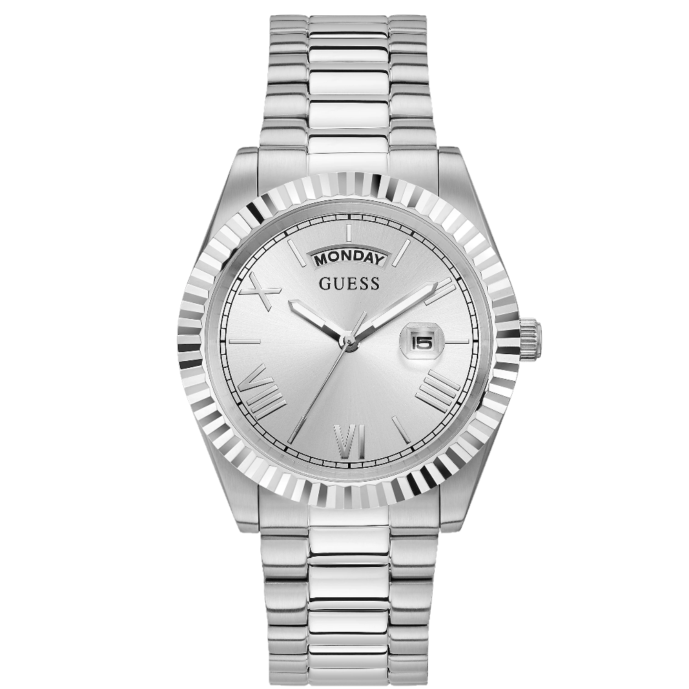 Relógio Guess Mostrador Prateado Bizel Canelado 42mm