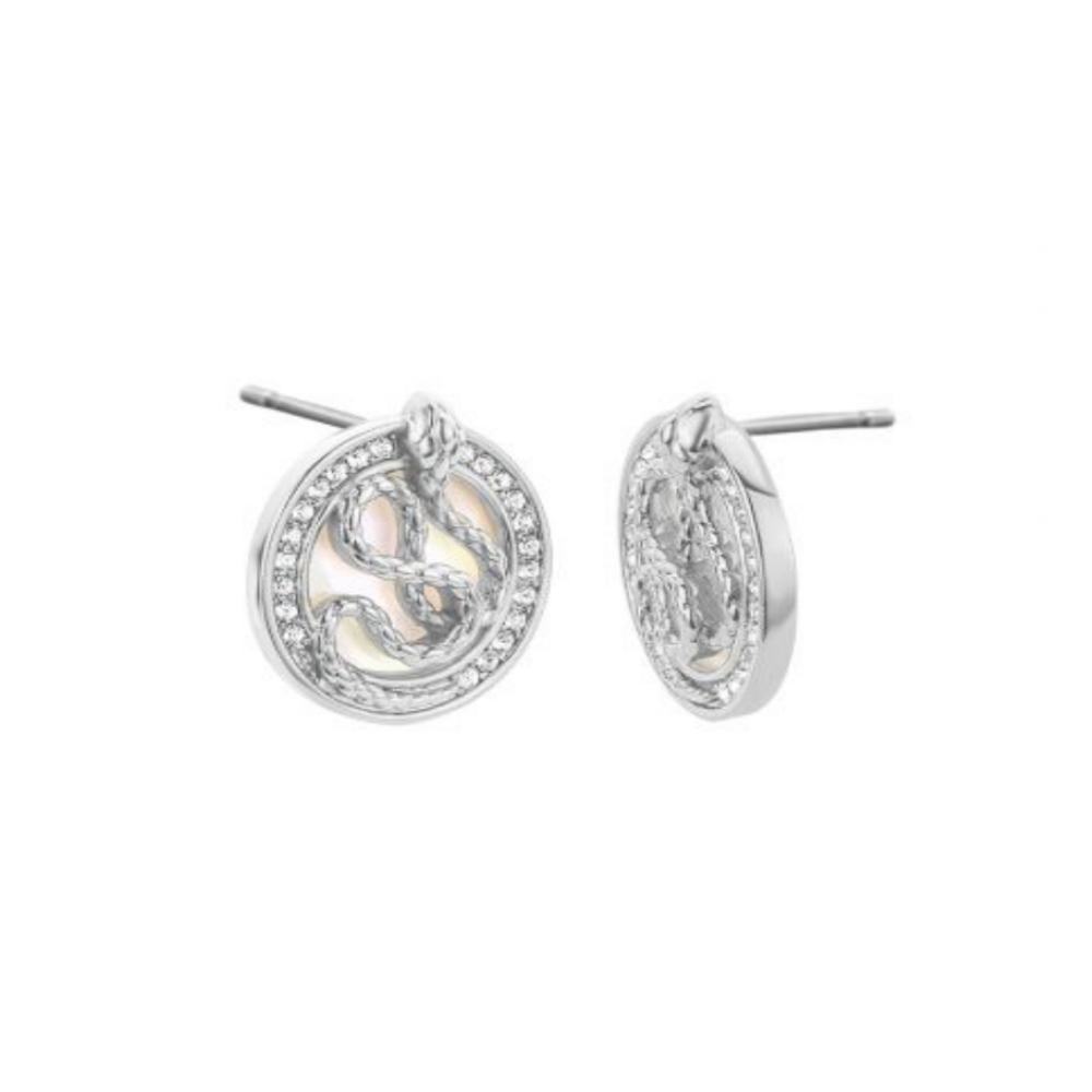 BRINCOS JUST CAVALLI EM BRONZE PRATEADOS COM ZIRCONIAS E MADRE-PEROLA