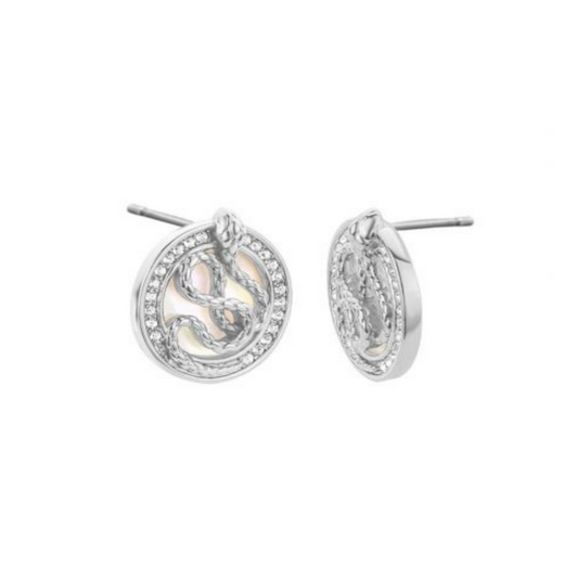 BRINCOS JUST CAVALLI EM BRONZE PRATEADOS COM ZIRCONIAS E MADRE-PEROLA