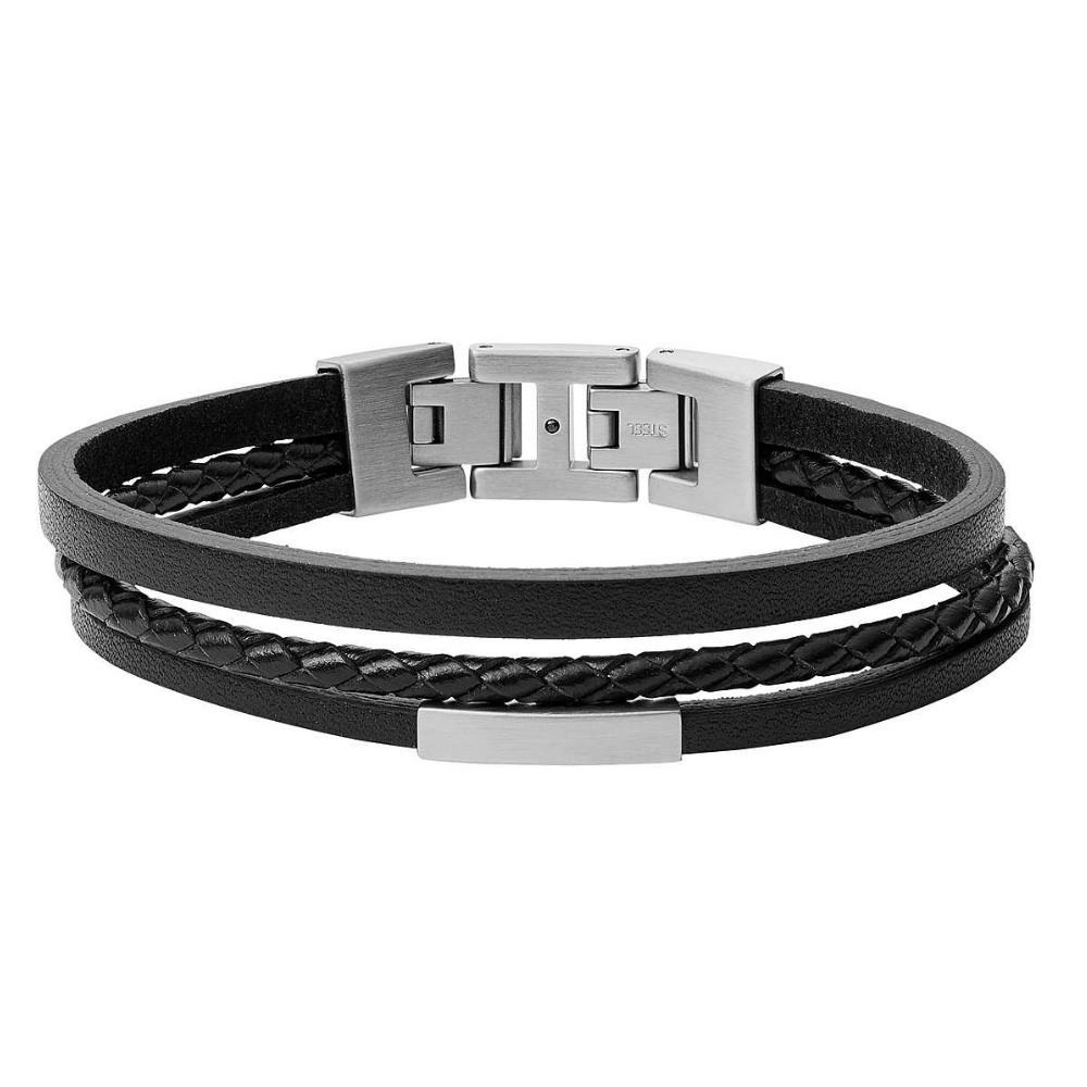 Pulseira Homem Fossil Pele Preta e Aço