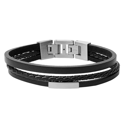 Pulseira Homem Fossil Pele Preta e Aço