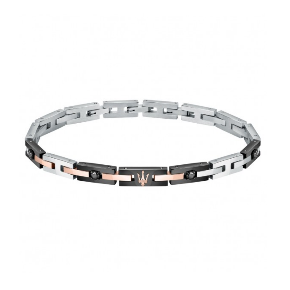 PULSEIRA MASERATI EM AÇO PRATEADO, PRETO E ROSE GOLD