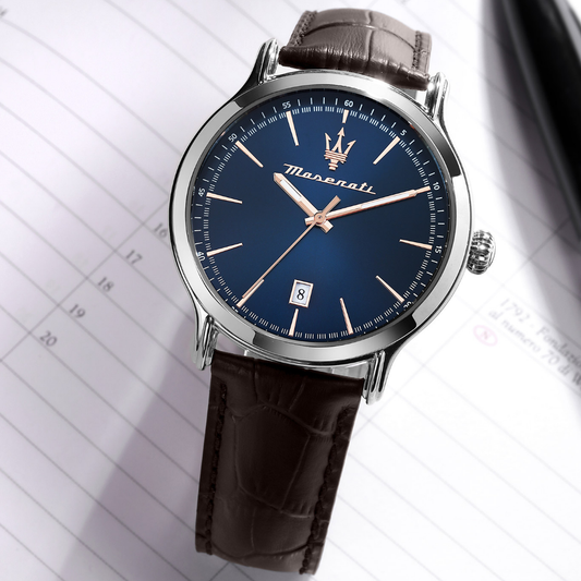 RELÓGIO MASERATI EPOCA 42MM BLUE DIAL BROWN STRAP