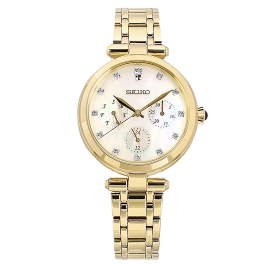 RELÓGIO SEIKOLADIES QUARTZO MULTIFUNÇÕES IP DOURADO SKY064P1 C/ DIAMANTES