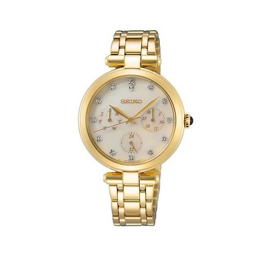 RELÓGIO SEIKOLADIES QUARTZO MULTIFUNÇÕES IP DOURADO SKY064P1 C/ DIAMANTES