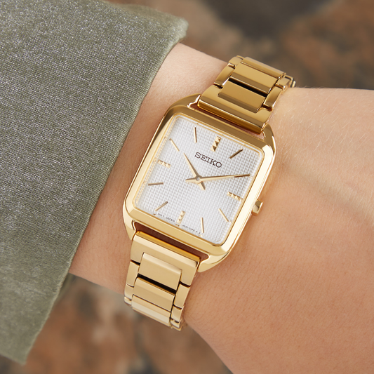 Relógio Mulher Seiko Ladies Quadrado Dourado Mst Branco