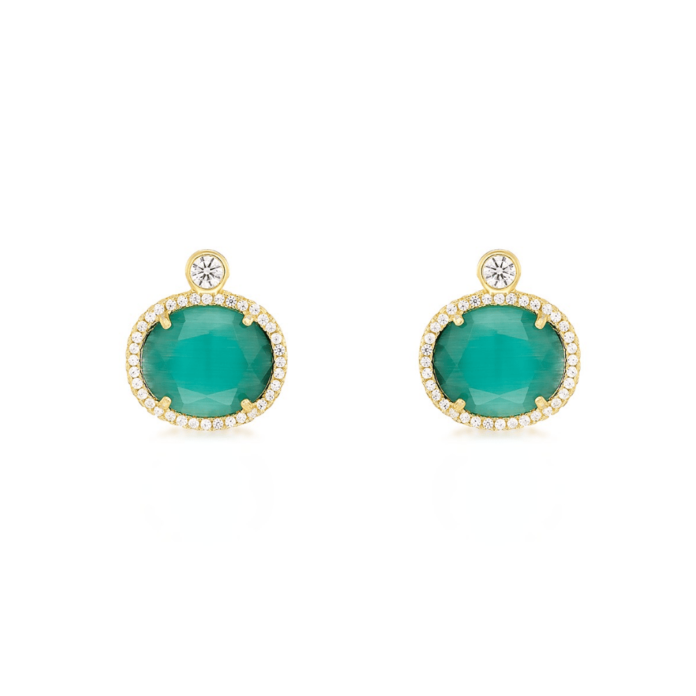 Brincos em Prata Dourada 925 com Pedra Hidrotermal Verde