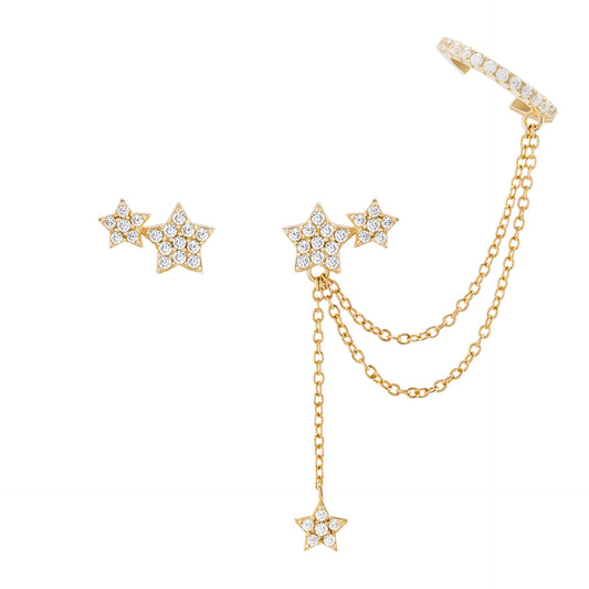 BRINCOS UNIKE EM PRATA 925% UNIKE MIX & MATCH STAR CHAIN & EARCUFF GOLD