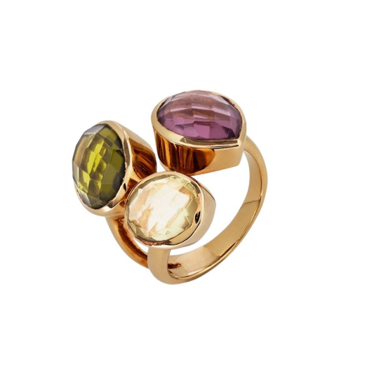 ANEL VIDAL & VIDAL EM BRONZE COM PEDRAS MULTICOR BANHADO A OURO 18KT