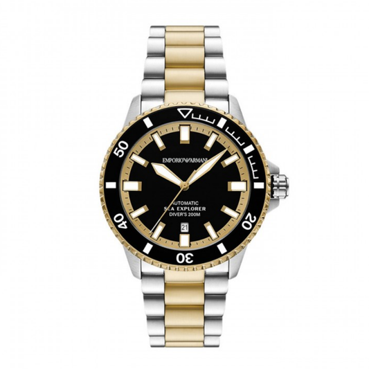 RELÓGIO ARMANI AUTOMÁTICO BICOLOR SEA EXPLORER MOSTRADOR PRETO