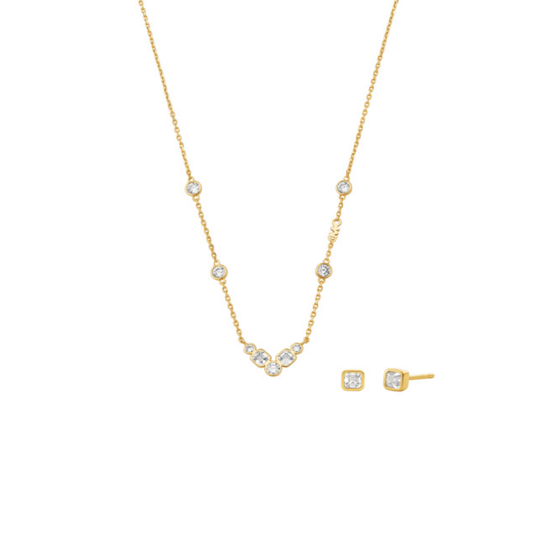 CONJUNTO BRINCOS + FIO MICHAEL KORS EM PRATA 925% DOURADA COM ZIRCÓNIAS