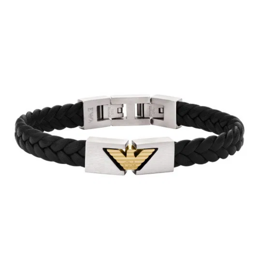 PULSEIRA EMPORIO ARMANI EM AÇO E PELE PRETA
