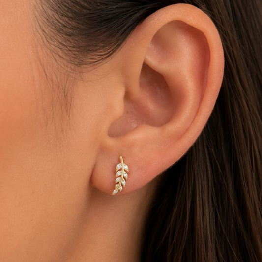 BRINCOS EM PRATA 925 DOURADA PENA COM ZIRCONIAS
