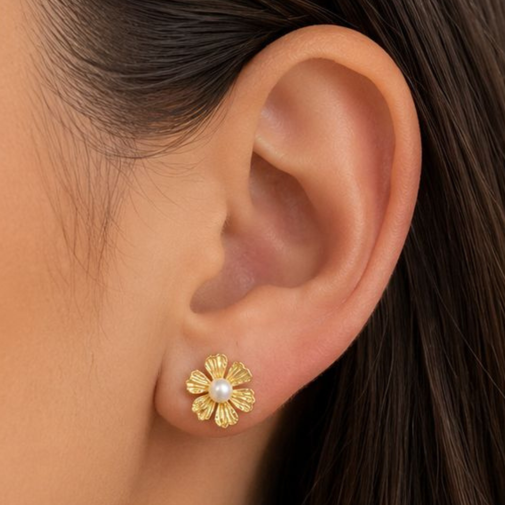 BRINCOS EM PRATA 925 FLOR COM PEROLA