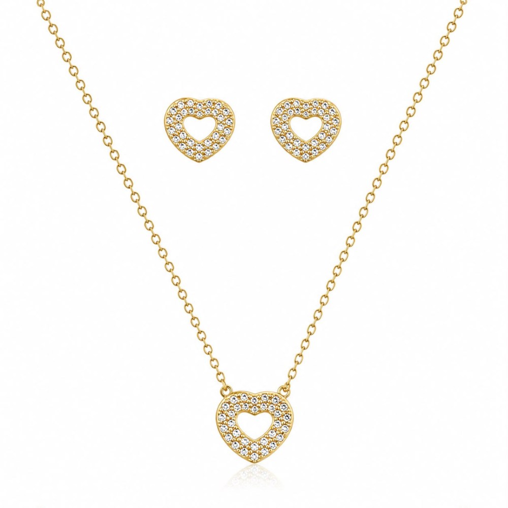 CONJUNTO BRINCO + FIO EM PRATA 925 COM CORAÇÃO EM ZIRCONIAS