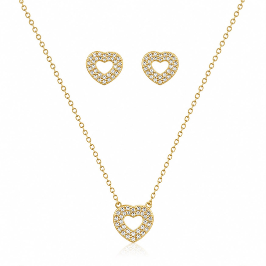 CONJUNTO BRINCO + FIO EM PRATA 925 COM CORAÇÃO EM ZIRCONIAS