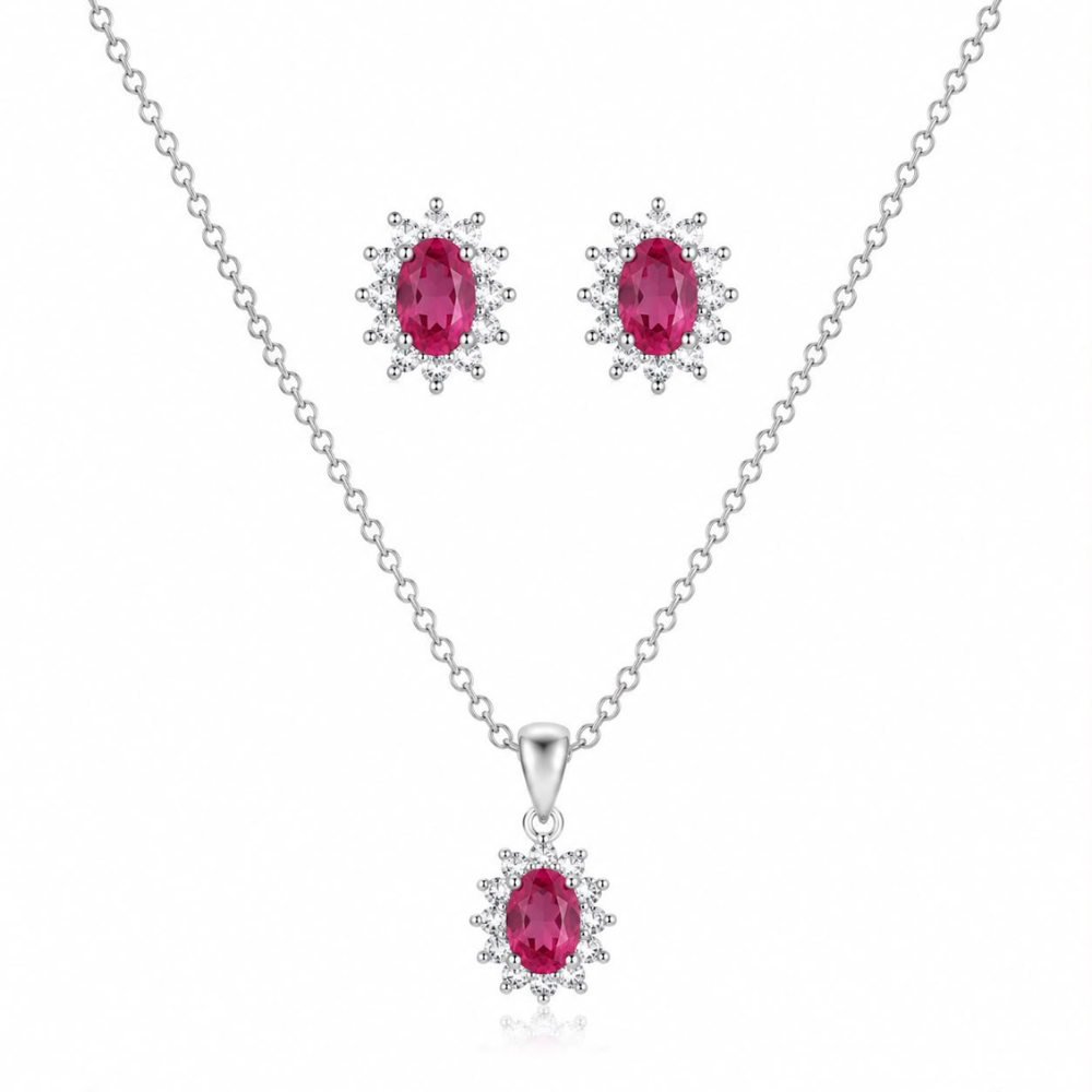CONJUNTO BRINCO + FIO EM PRATA 925 LADY DI COM ZIRCONIAS COR RUBI