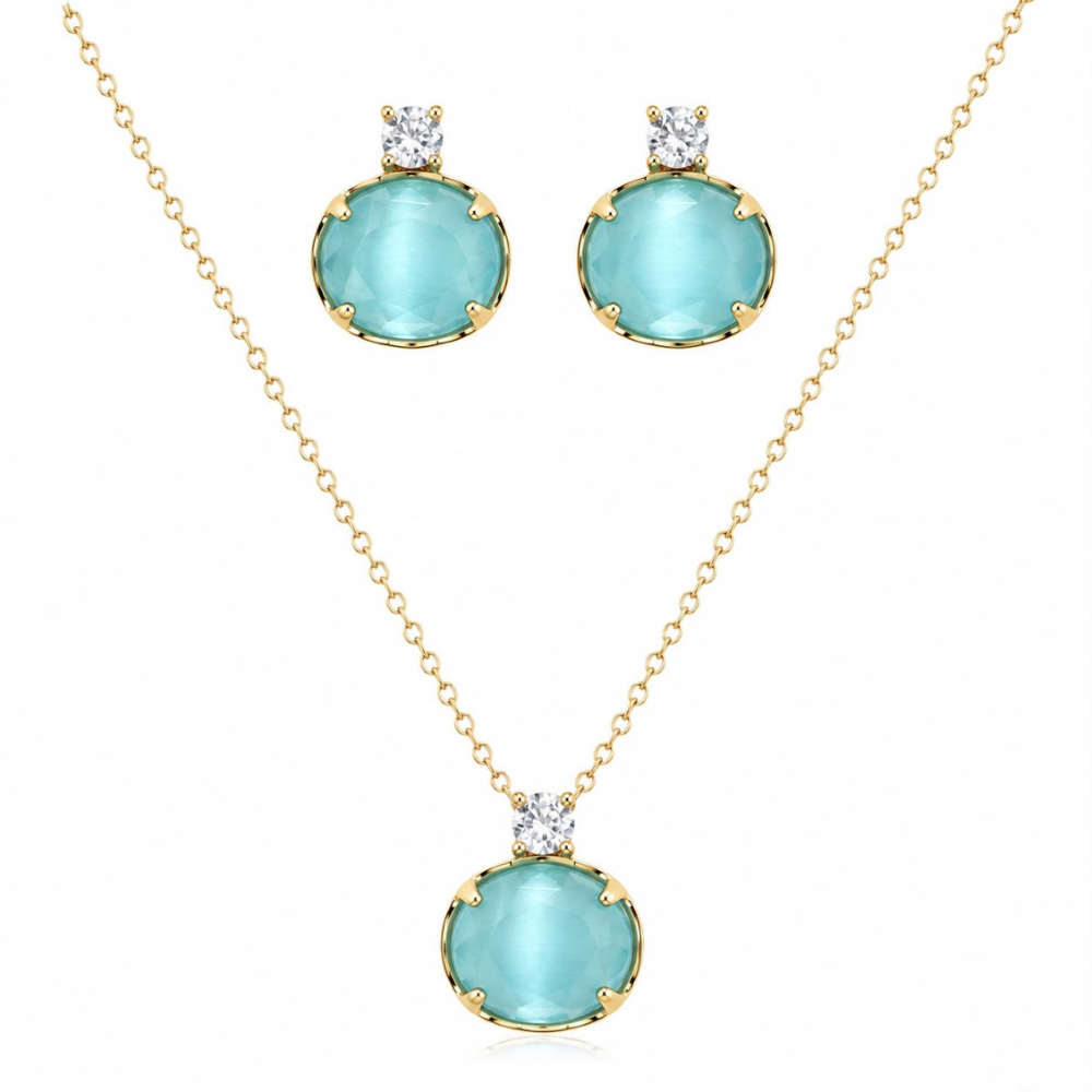 CONJUNTO BRINCO + FIO EM PRATA 925 COM ZIRCÓNIAS AZUL CELESTE