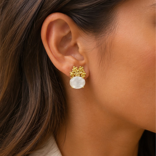 BRINCOS EM PRATA 925 COM FLORES E PEDRA DE COR