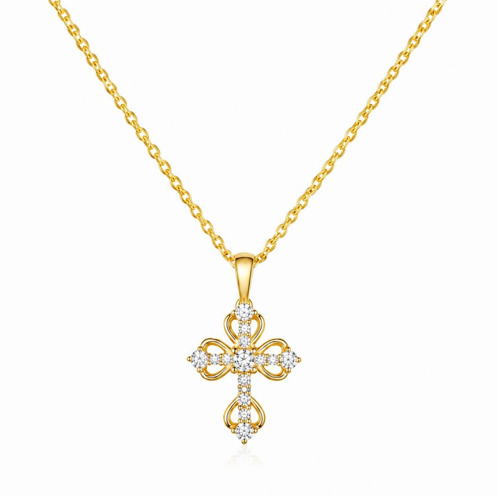 COLAR EM PRATA 925 COM CRUZ E ZIRCONIAS DOURADO