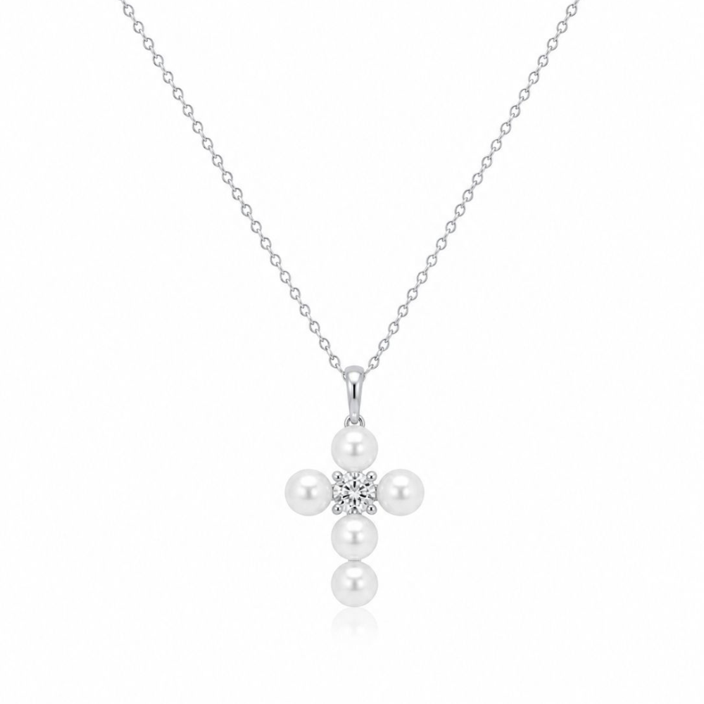 COLAR EM PRATA 925 COM CRUZ ZIRCONIAS E PEROLAS