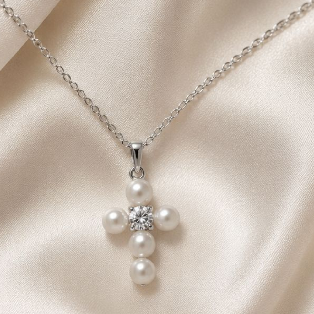 COLAR EM PRATA 925 COM CRUZ ZIRCONIAS E PEROLAS