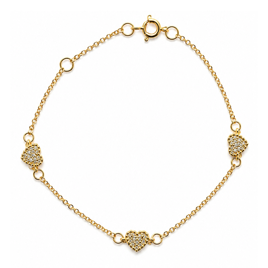 PULSEIRA EM OURO 9K MALHA LOVE C/ CORAÇÕES E ZIRCONIAS