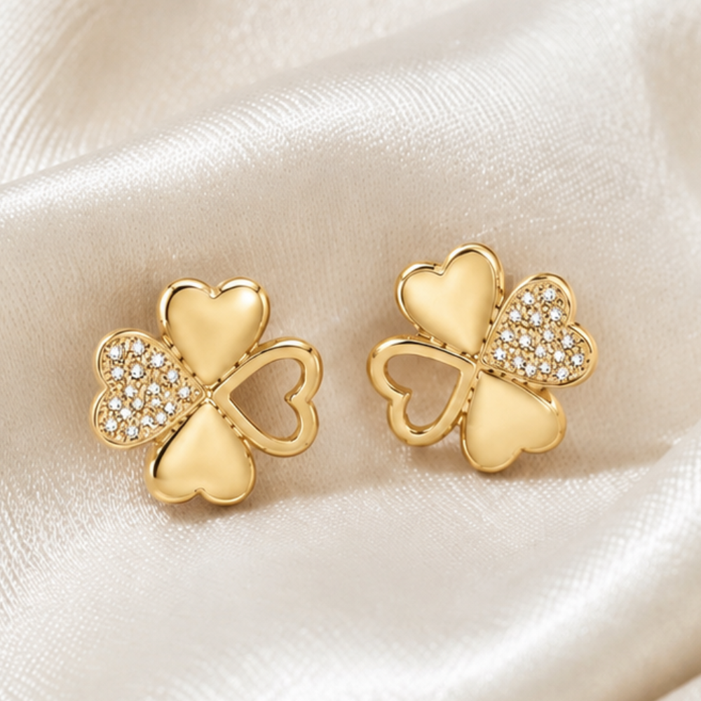 BRINCOS EM PRATA 925 DOURADA TREVO COM ZIRCONIAS