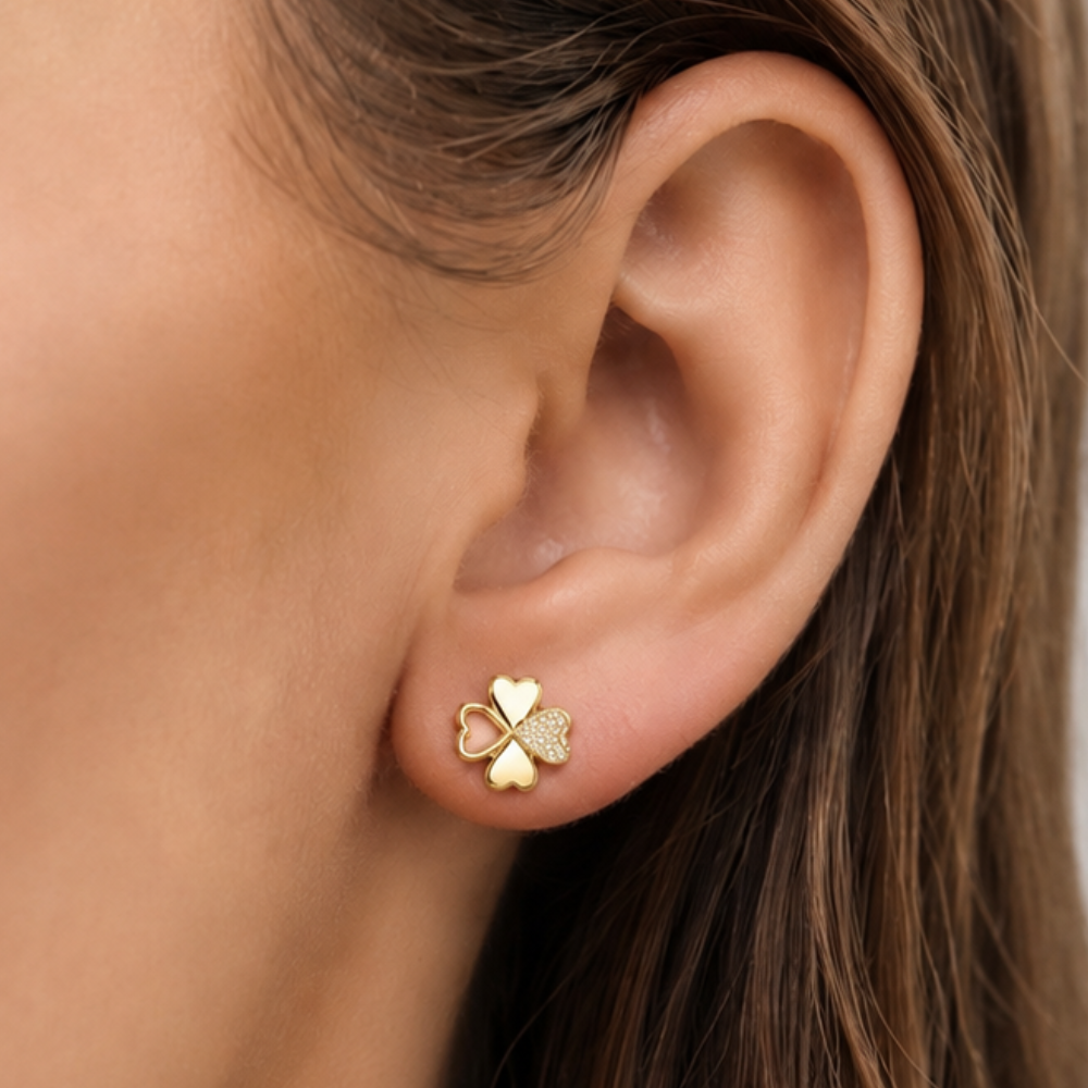BRINCOS EM PRATA 925 DOURADA TREVO COM ZIRCONIAS