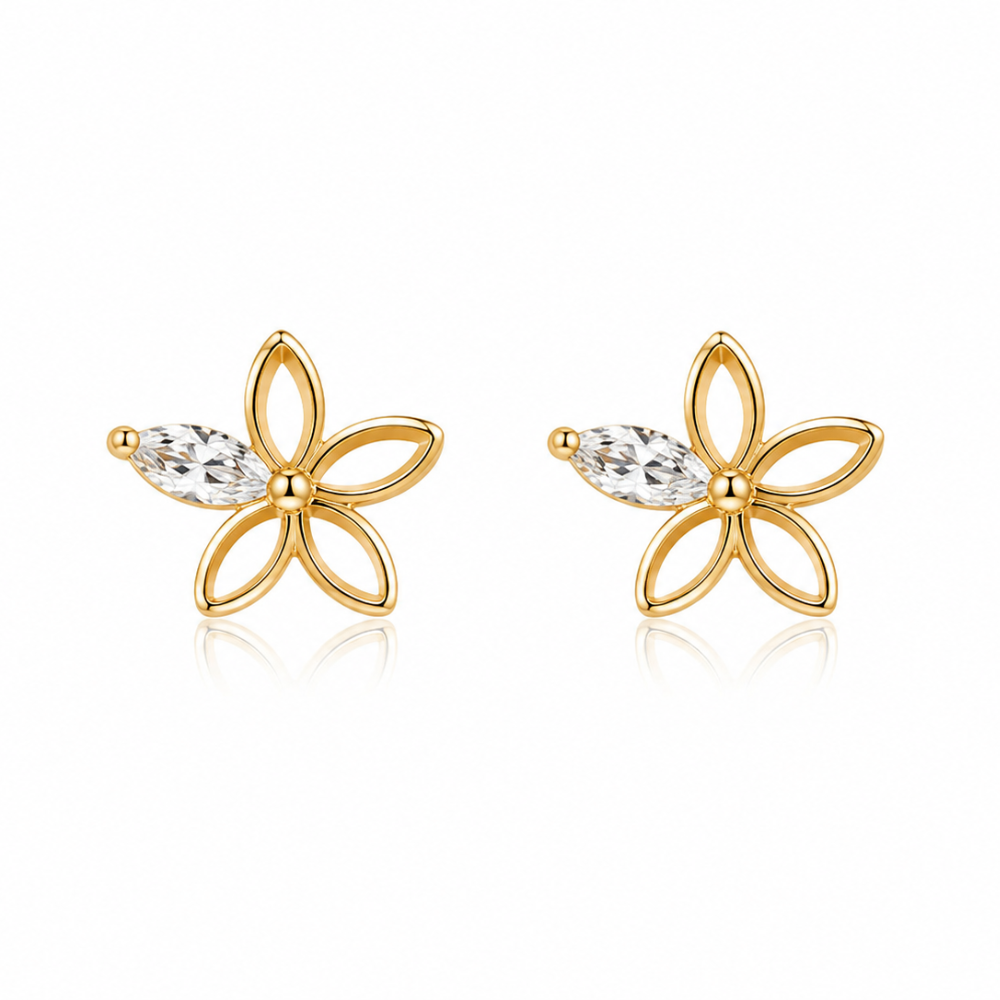 BRINCOS EM PRATA 925 DOURADA FLOR COM ZIRCONIA
