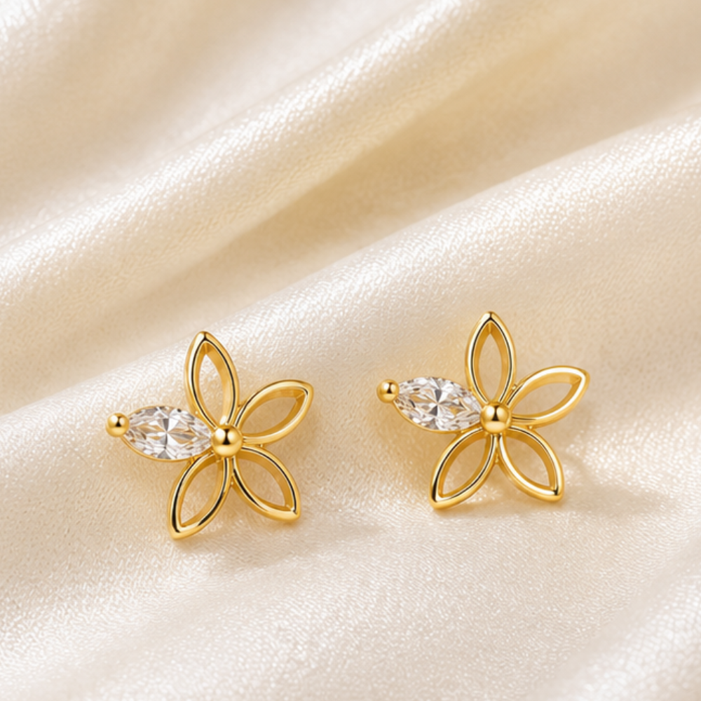 BRINCOS EM PRATA 925 DOURADA FLOR COM ZIRCONIA