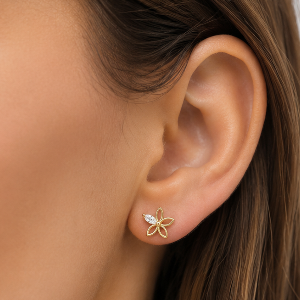 BRINCOS EM PRATA 925 DOURADA FLOR COM ZIRCONIA