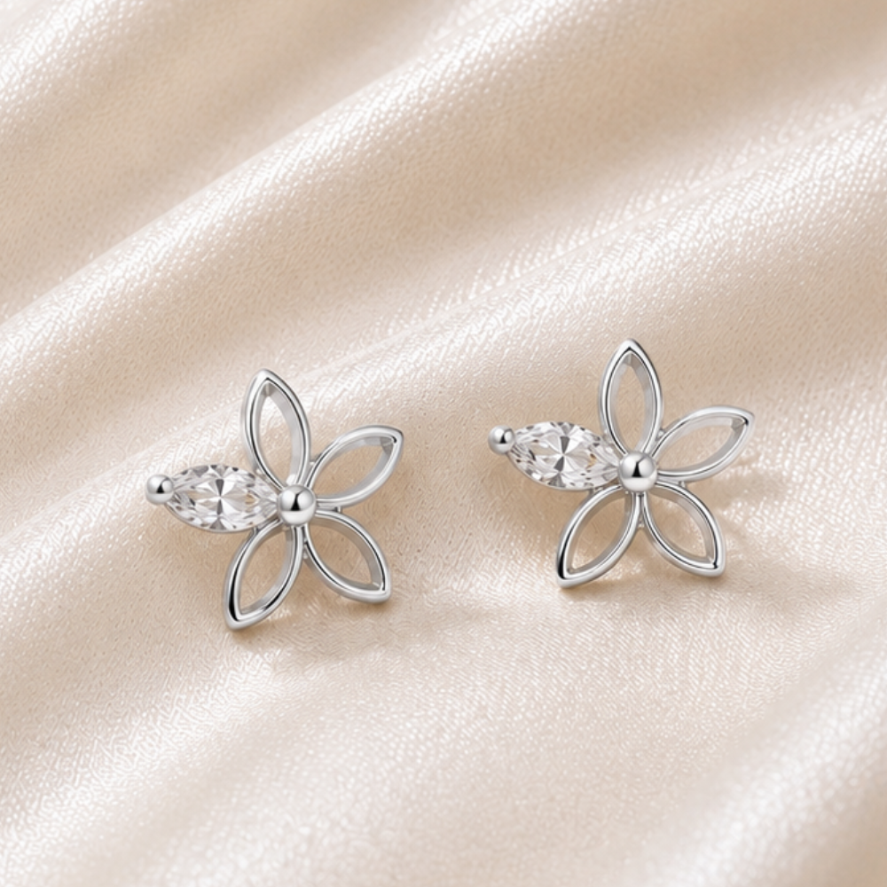 BRINCOS EM PRATA 925 FLOR COM ZIRCONIA