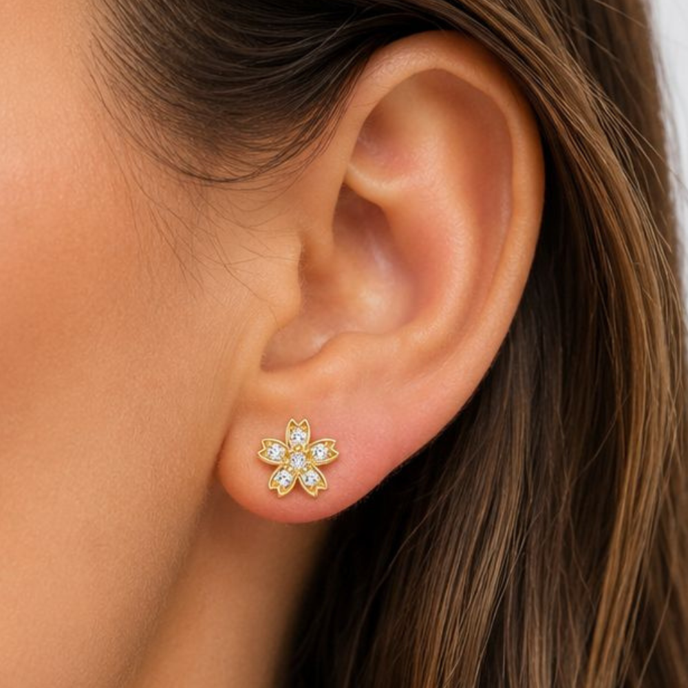 BRINCOS EM PRATA 925 DOURADO FLOR COM ZIRCONIAS